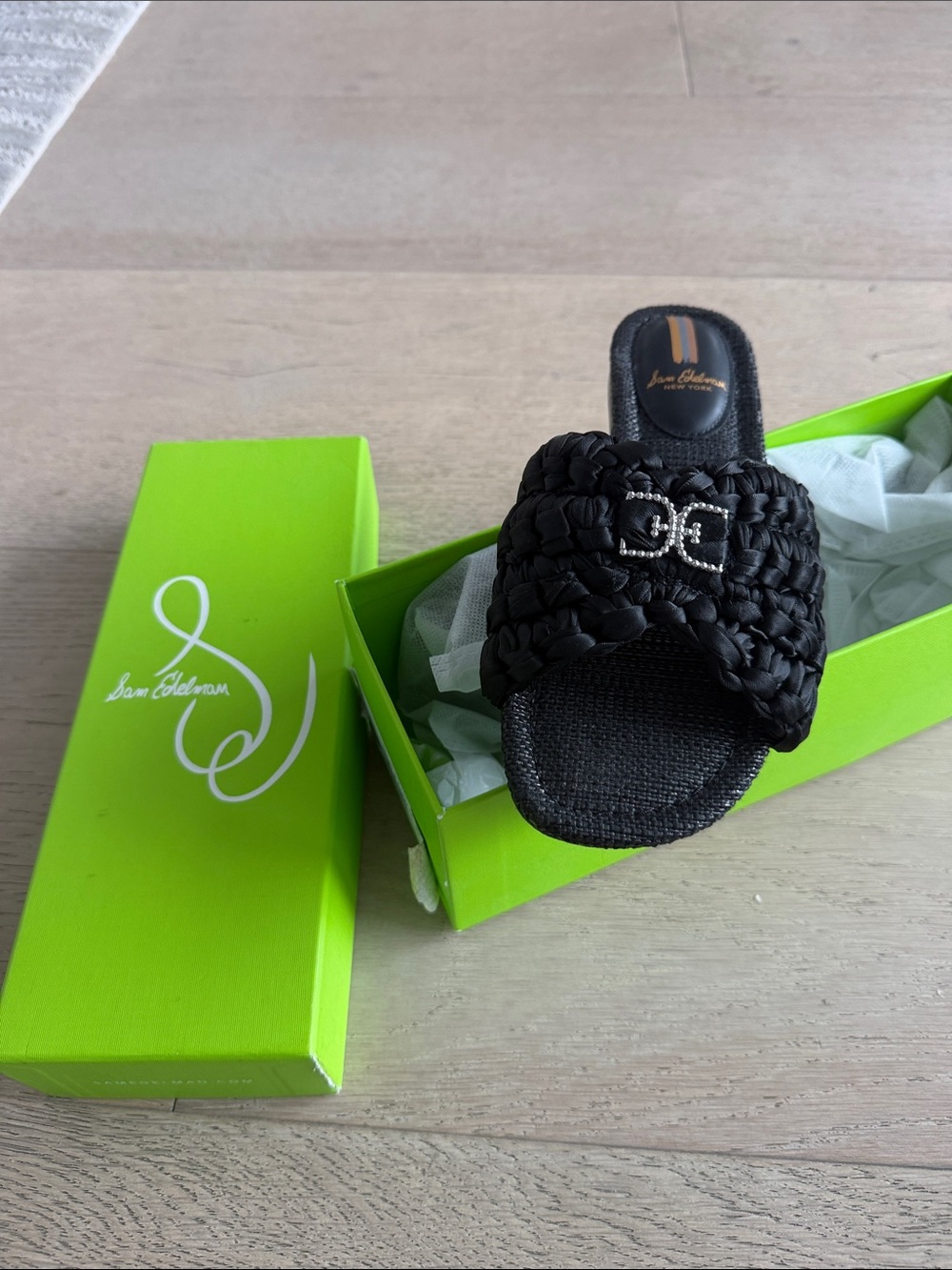 Sam Edelman Black Braided Slide with Rhinestone Double-G Accent